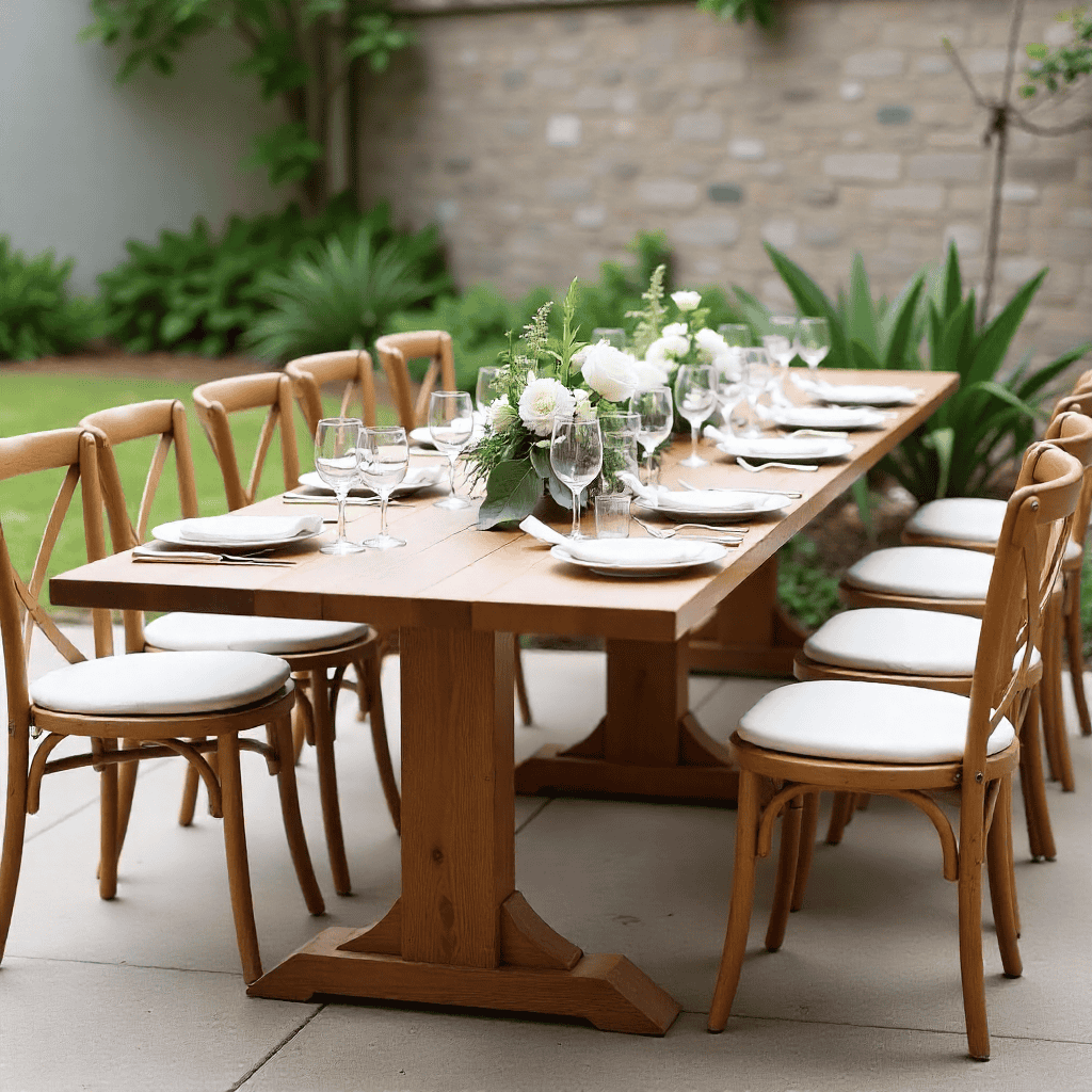 Pitkiä juhlapöytiä ja viimeisteltyjä kattauksia