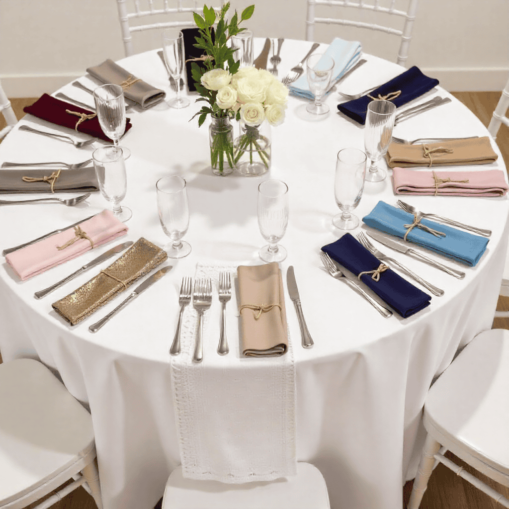 Ylellinen tekstiilikokonaisuus juhlapöydällä